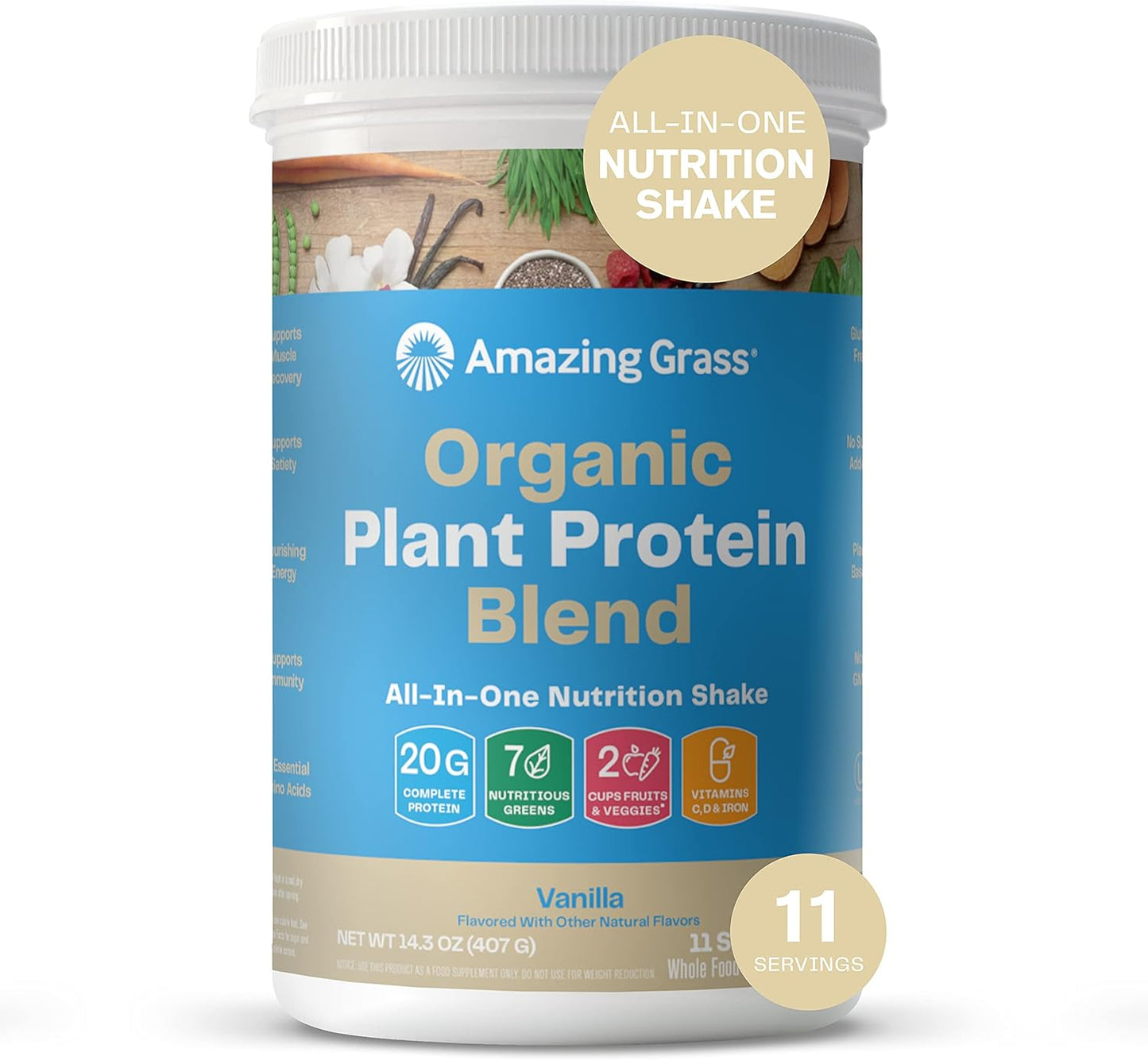 Organic Plant Protein Blend: Vegan Protein Powder, All-In-One Nutrition Shake with Beet Root, Pure Vanilla, 11 Servings