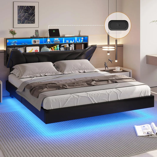 Full Floating Bed Frame with Storage Headboard and LED Lights, Type-C and USB Port Upholstered Platform Bed, Black