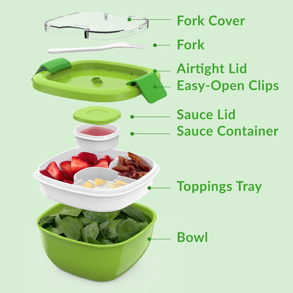 ® All-In-One Salad Container - Large Salad Bowl, Bento Box Tray, Leak-Proof Sauce Container, Airtight Lid, & Fork for Healthy Adult Lunches; Bpa-Free & Dishwasher/Microwave Safe (Green)