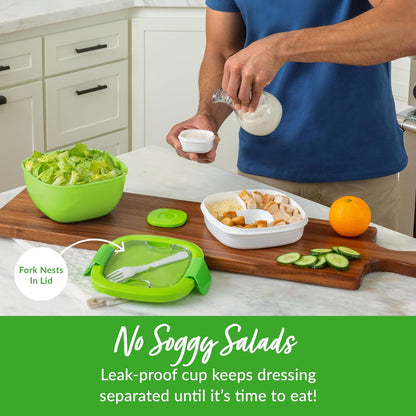 ® All-In-One Salad Container - Large Salad Bowl, Bento Box Tray, Leak-Proof Sauce Container, Airtight Lid, & Fork for Healthy Adult Lunches; Bpa-Free & Dishwasher/Microwave Safe (Green)