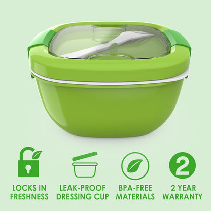 ® All-In-One Salad Container - Large Salad Bowl, Bento Box Tray, Leak-Proof Sauce Container, Airtight Lid, & Fork for Healthy Adult Lunches; Bpa-Free & Dishwasher/Microwave Safe (Green)