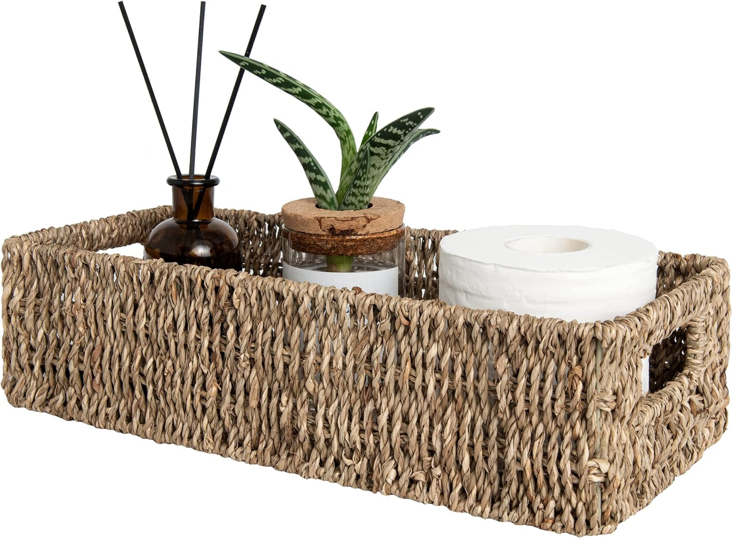 Seagrass Baskets with Built-In Handles, Bathroom Decor Box for Toilet Tank Top, 14 ¼"L X 6 ½"W X 3 ¾"H