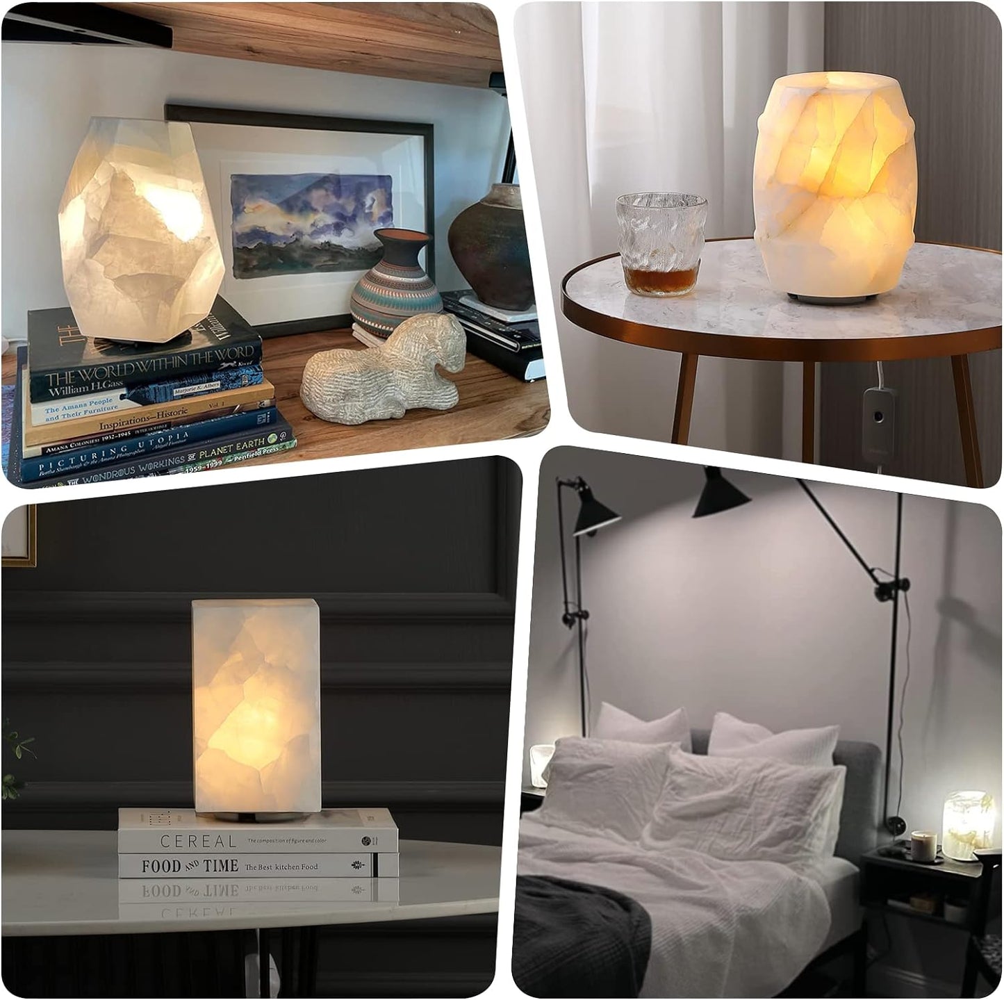 Natural Solid Stone Table Lamp with One-Of-A-Kind Crystal Texture, Small Accent Lamp with 3 Colors Dimmable LED, Unique Lamp for Bedroom Living Room, Cuboid White